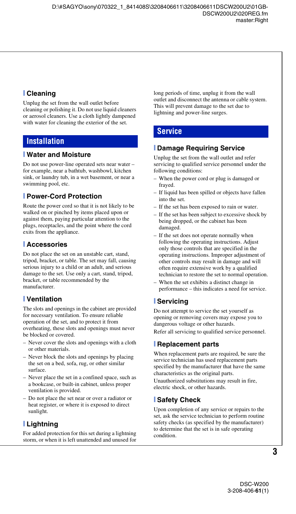 Installation service | Sony DSC-W200 User Manual | Page 3 / 64