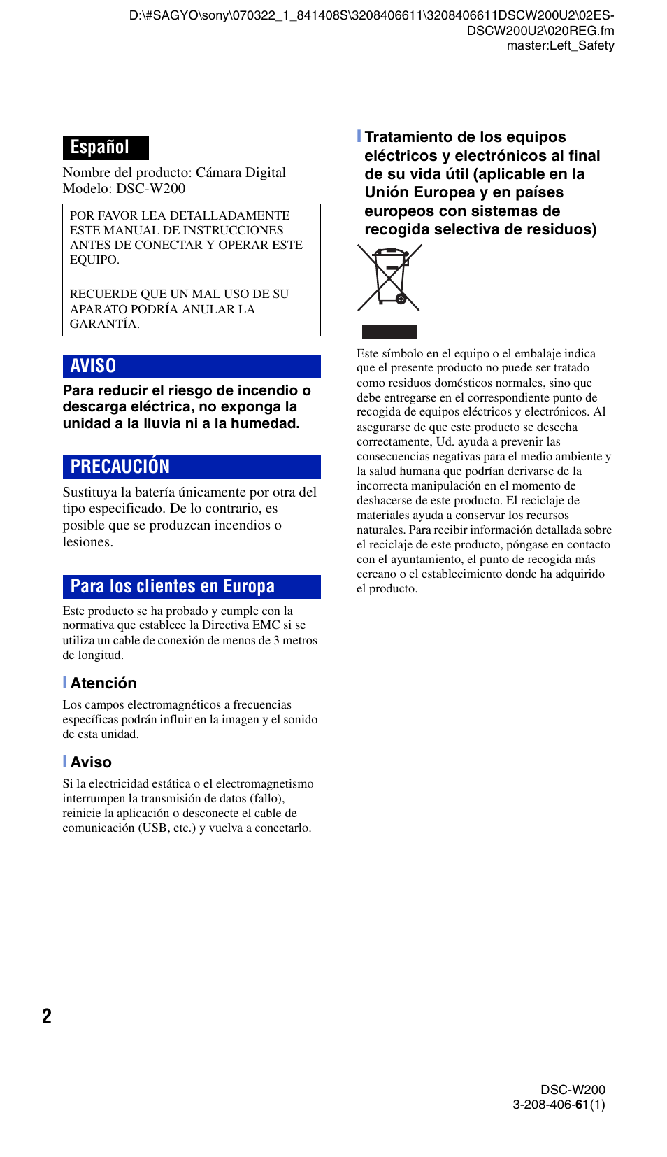 Español, Aviso precaución para los clientes en europa | Sony DSC-W200 User Manual | Page 34 / 64