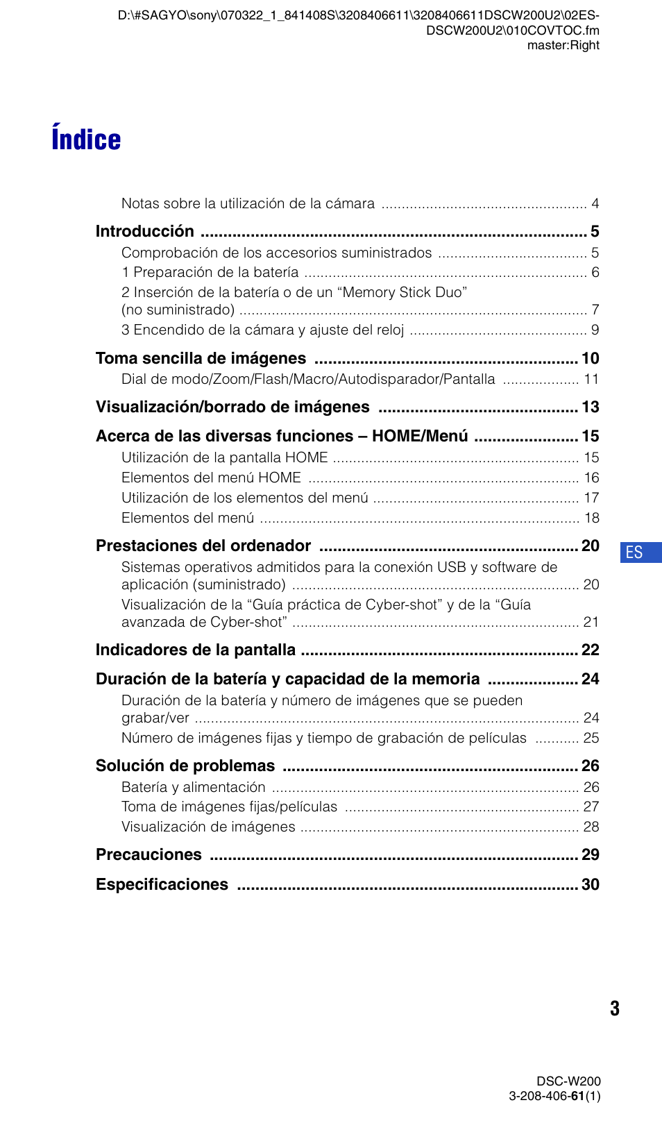 Índice | Sony DSC-W200 User Manual | Page 35 / 64