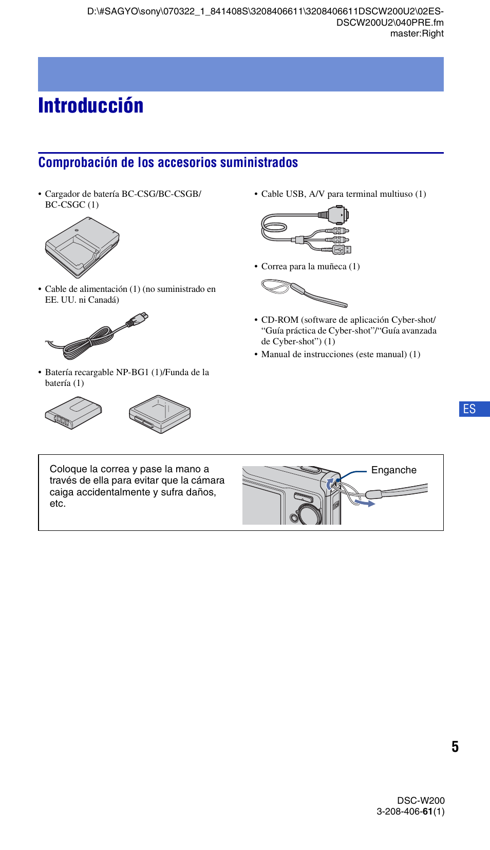 Introducción, Comprobación de los accesorios suministrados | Sony DSC-W200 User Manual | Page 37 / 64