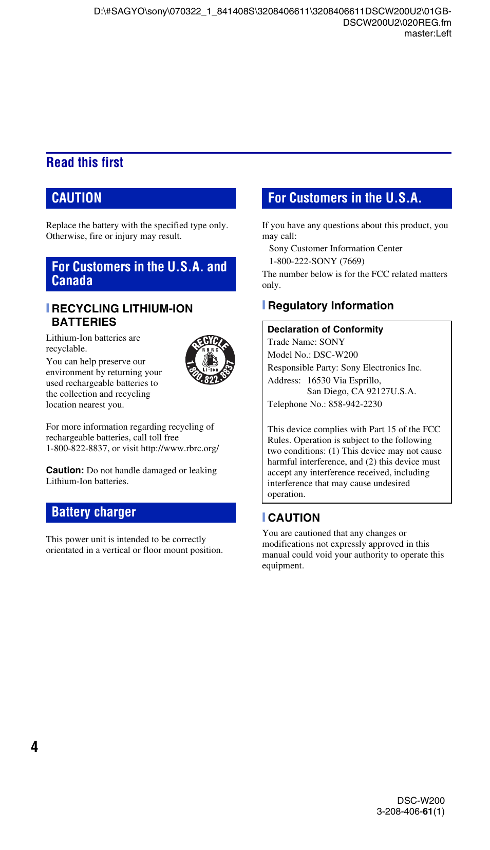 Read this first | Sony DSC-W200 User Manual | Page 4 / 64