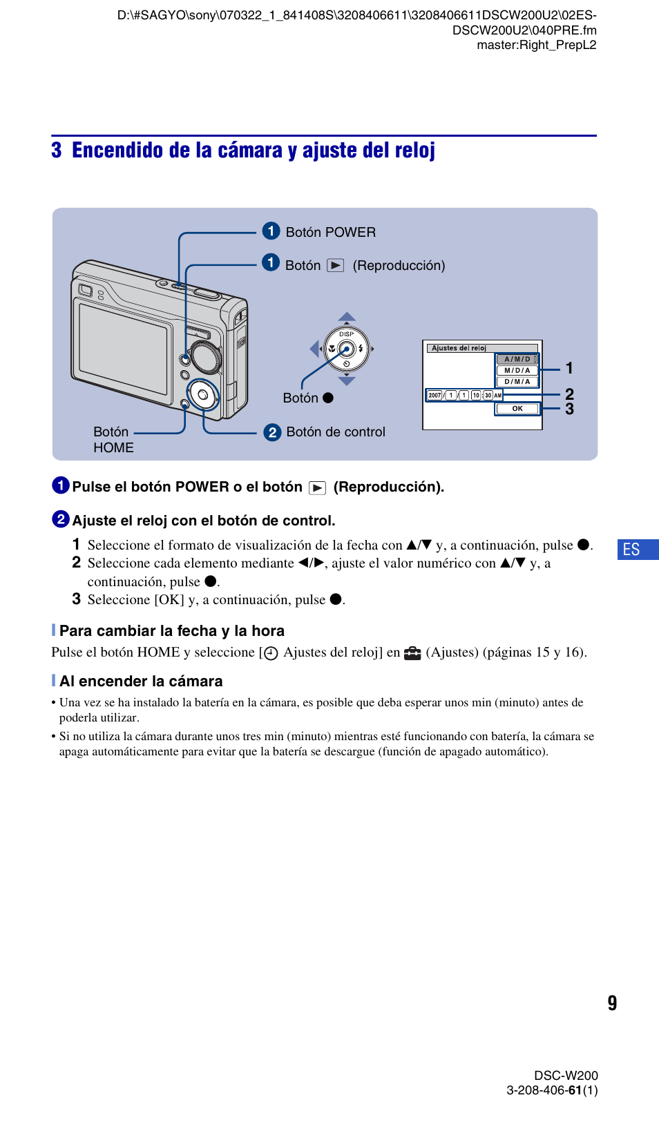 3 encendido de la cámara y ajuste del reloj | Sony DSC-W200 User Manual | Page 41 / 64