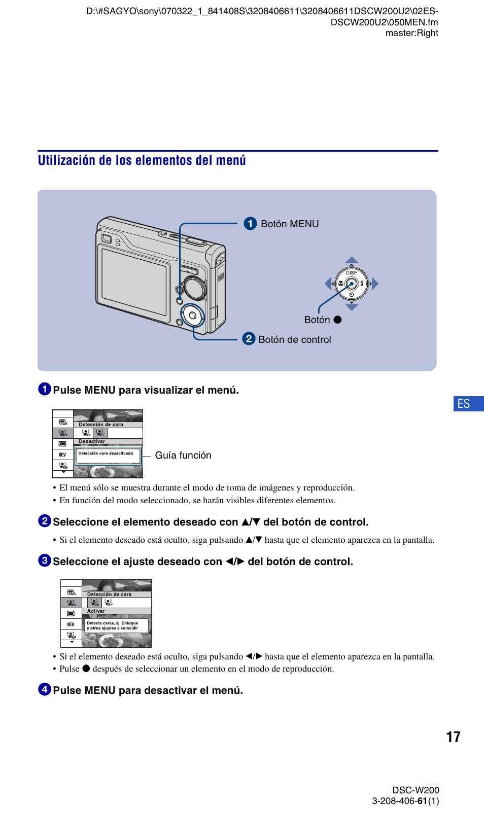 Utilización de los elementos del menú, Utilización de los elementos del menú 1 | Sony DSC-W200 User Manual | Page 49 / 64