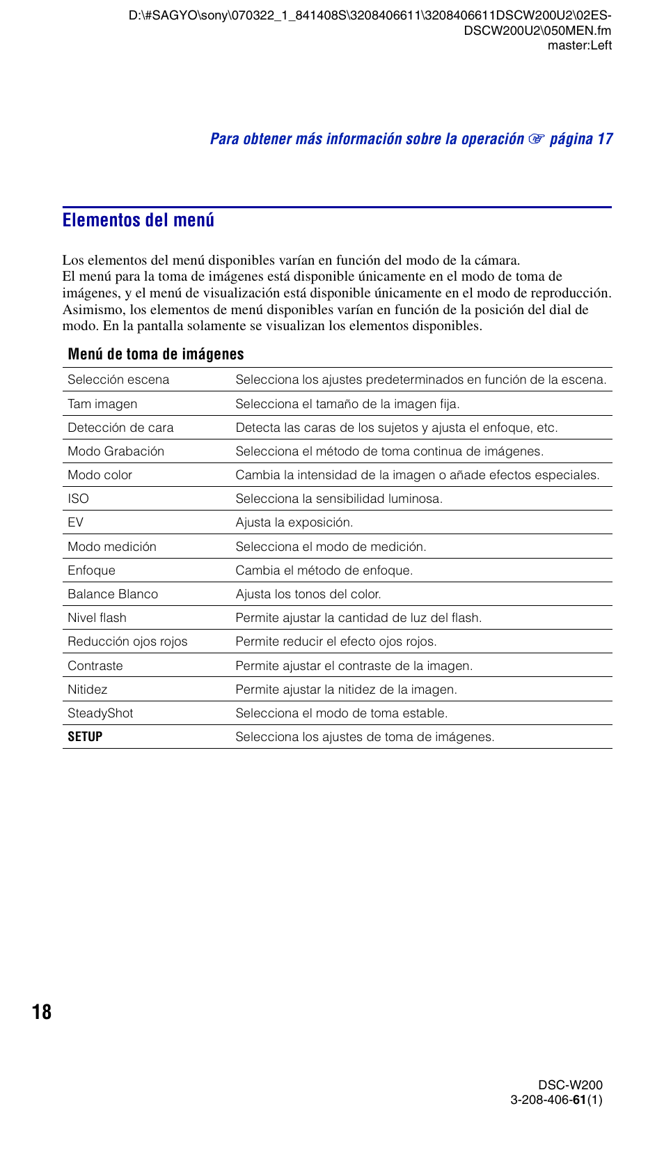 Elementos del menú | Sony DSC-W200 User Manual | Page 50 / 64