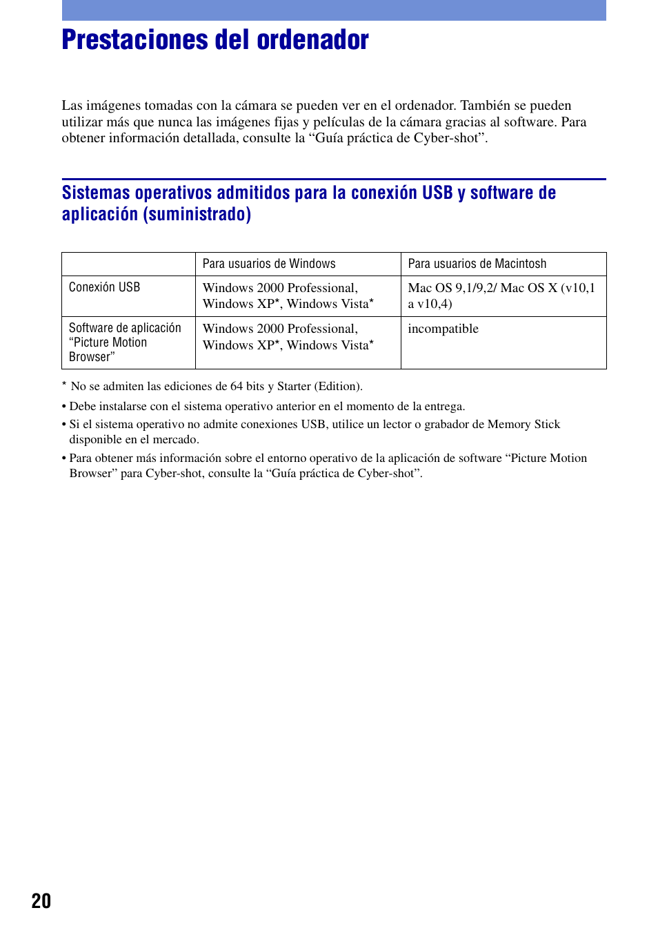 Prestaciones del ordenador | Sony DSC-W200 User Manual | Page 52 / 64