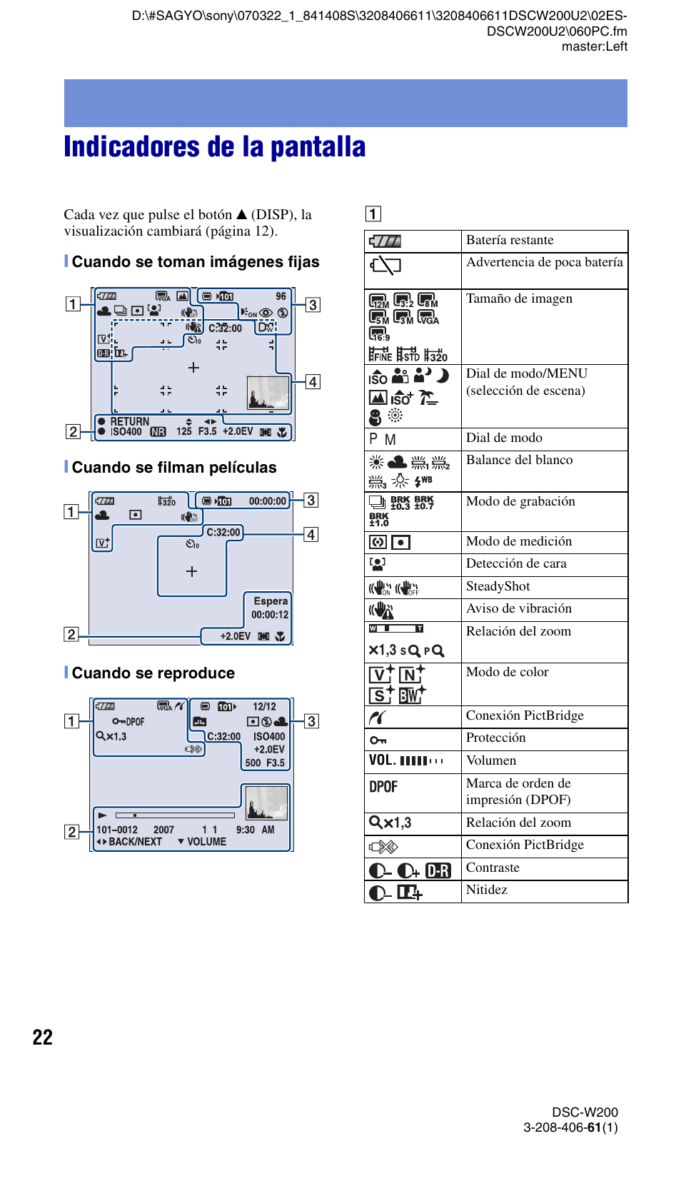 Indicadores de la pantalla | Sony DSC-W200 User Manual | Page 54 / 64