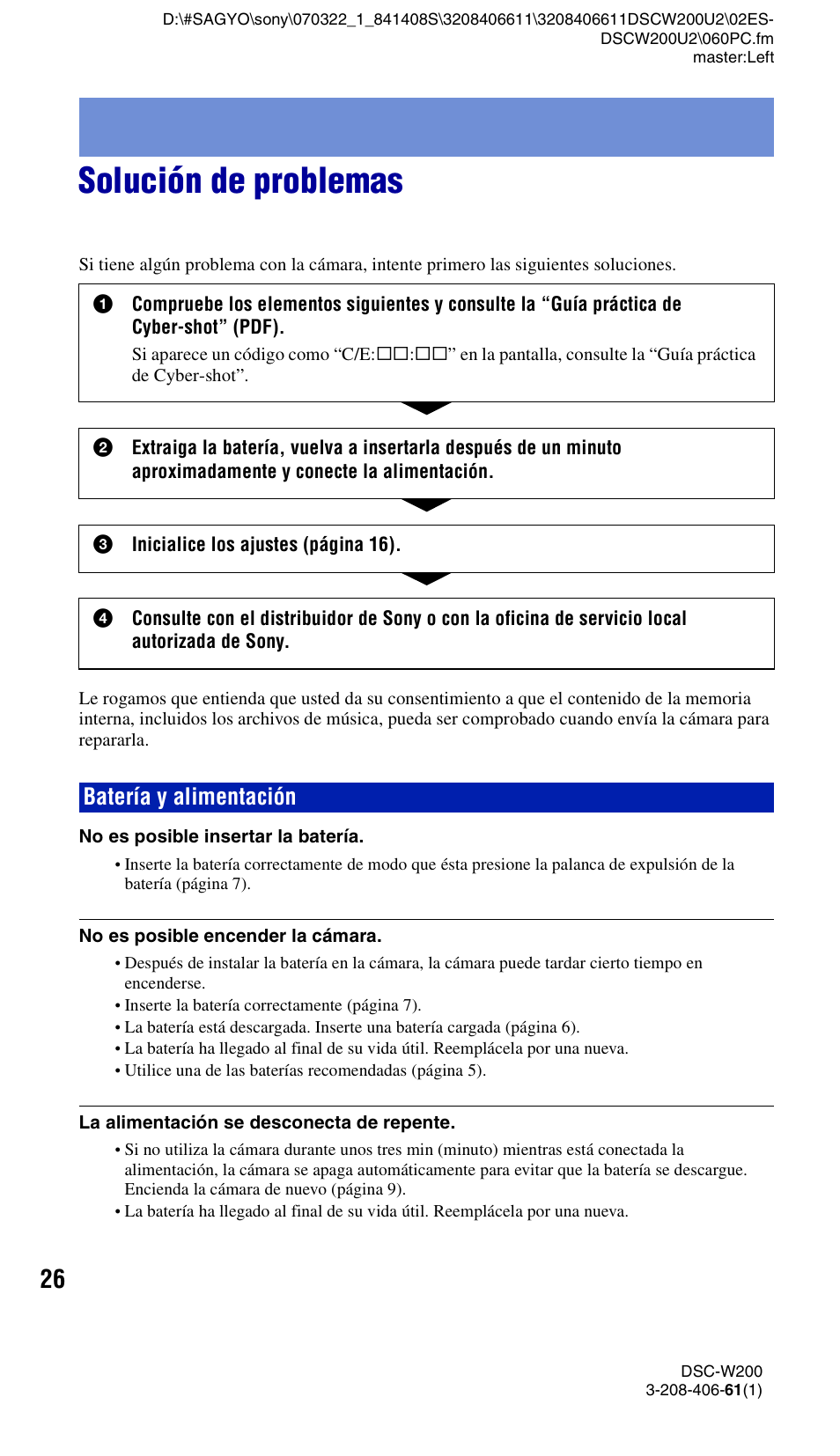 Solución de problemas, Batería y alimentación | Sony DSC-W200 User Manual | Page 58 / 64