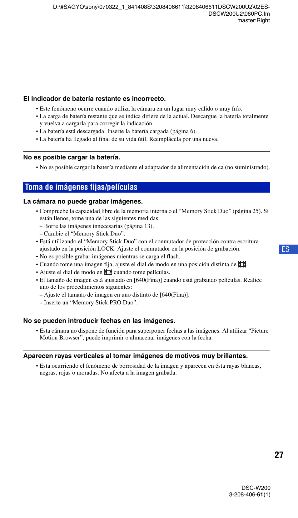 Toma de imágenes fijas/películas | Sony DSC-W200 User Manual | Page 59 / 64