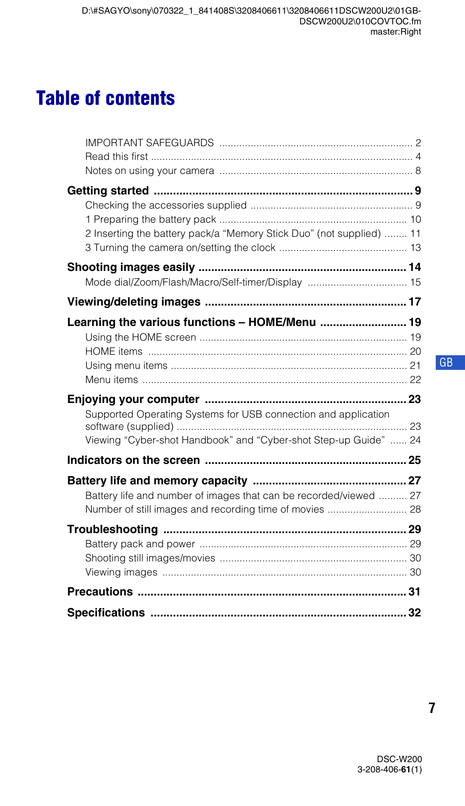 Sony DSC-W200 User Manual | Page 7 / 64