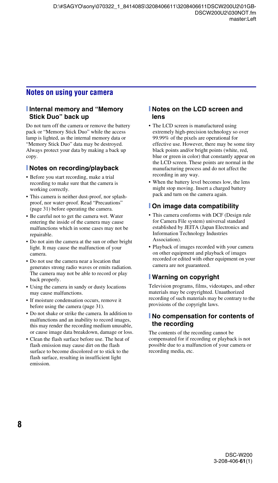 Notes on using your camera | Sony DSC-W200 User Manual | Page 8 / 64