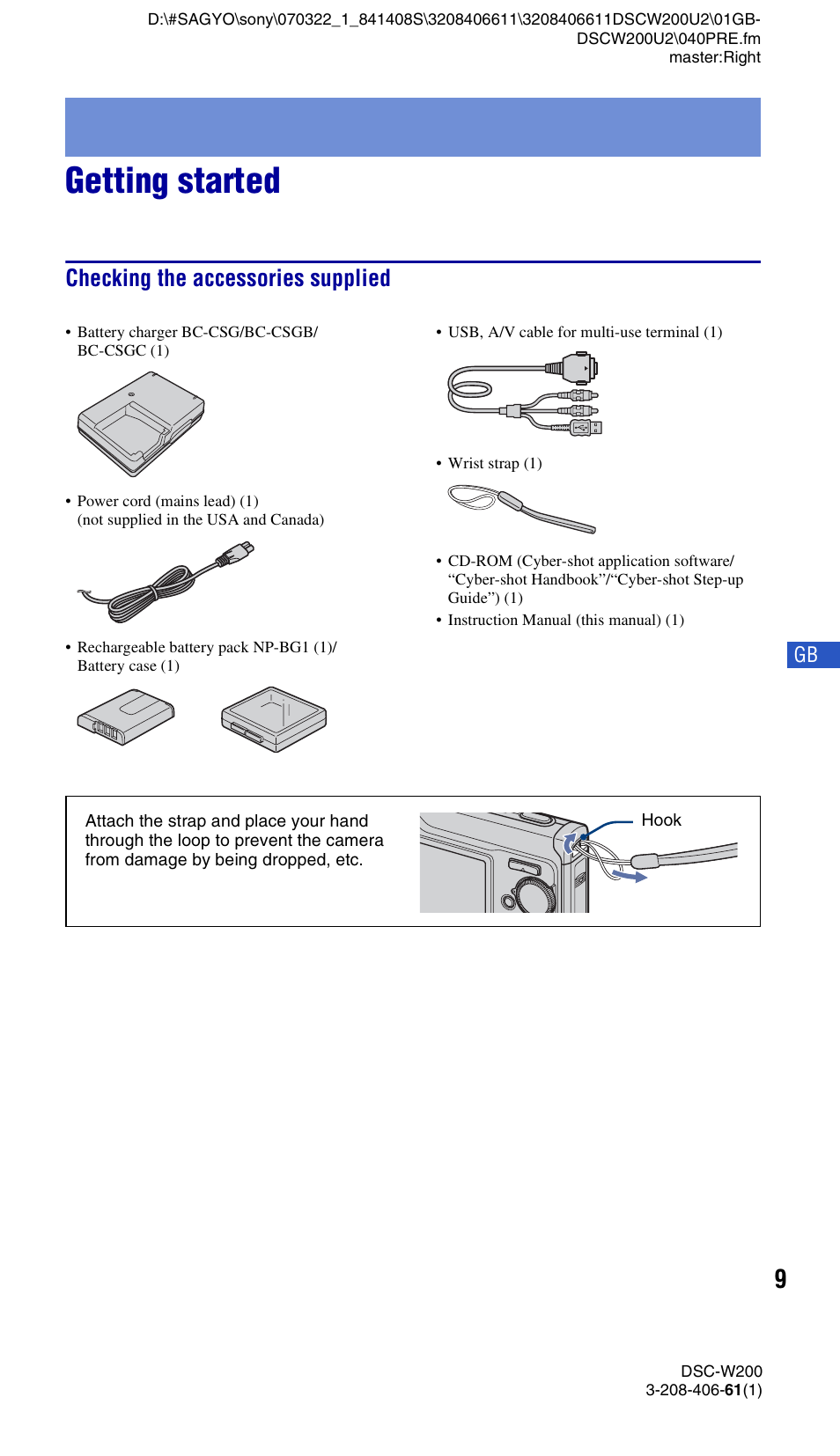 Getting started, Checking the accessories supplied | Sony DSC-W200 User Manual | Page 9 / 64