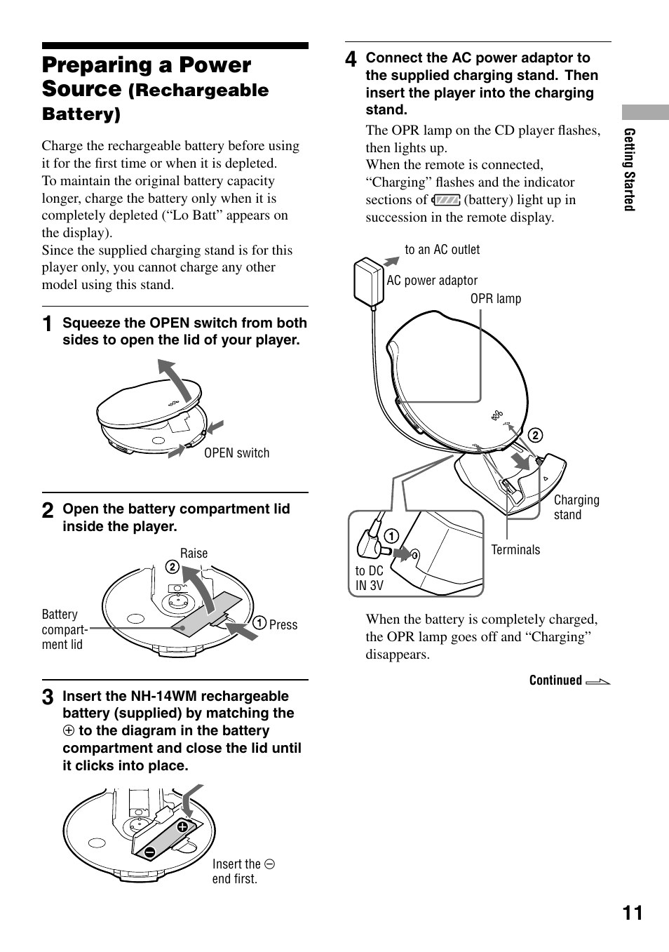 Preparing a power source (rechargeable battery), Preparing a power source, Rechargeable battery) | Sony D-NE20 User Manual | Page 11 / 39