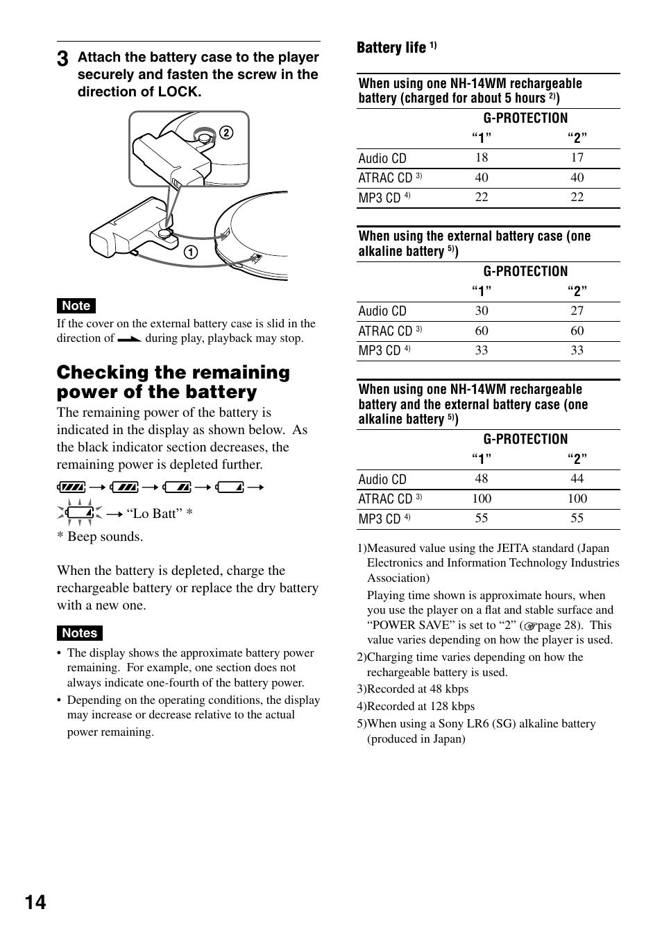 Checking the remaining power of the battery, Checking the remaining power of the, Battery | Sony D-NE20 User Manual | Page 14 / 39