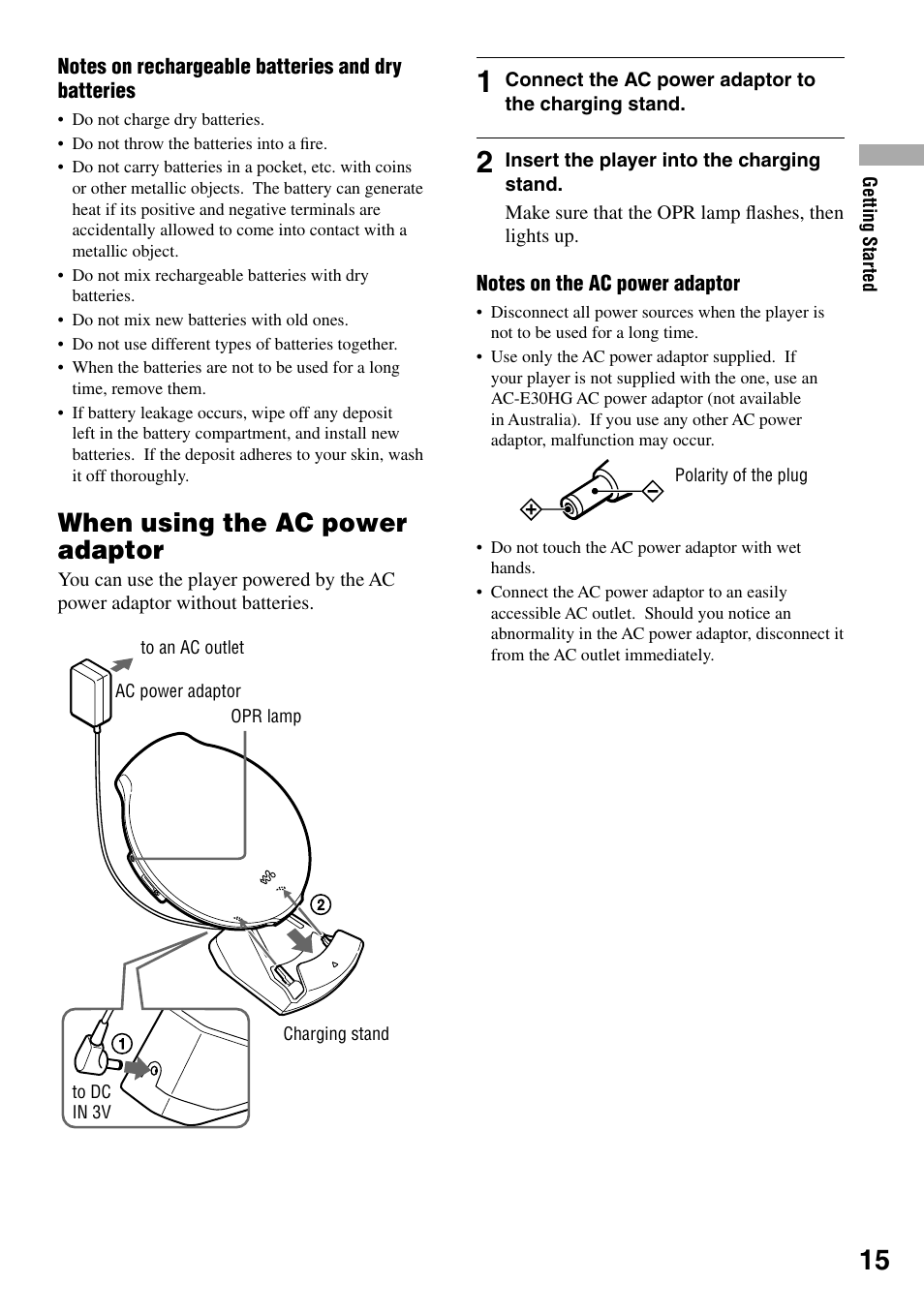 When using the ac power adaptor | Sony D-NE20 User Manual | Page 15 / 39