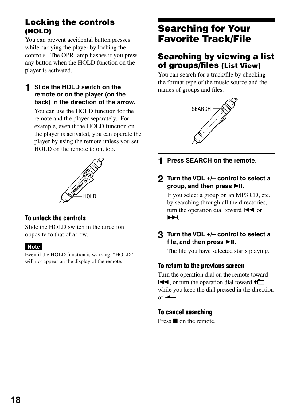 Locking the controls (hold), Searching for your favorite track/file, Searching by viewing a list of groups/ﬁles | List view), Locking the controls | Sony D-NE20 User Manual | Page 18 / 39