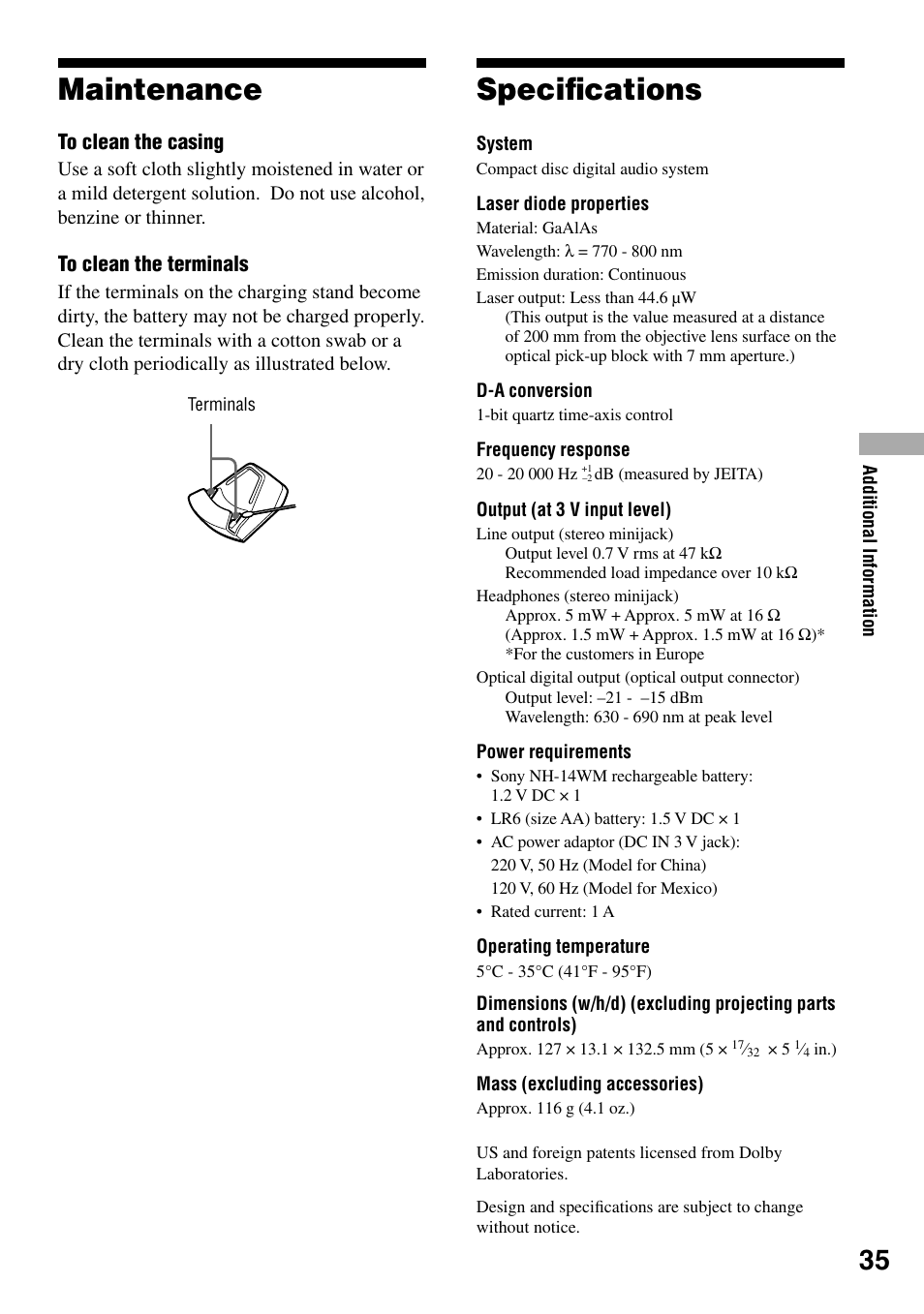 Maintenance, Specifications, Speciﬁcations | Sony D-NE20 User Manual | Page 35 / 39