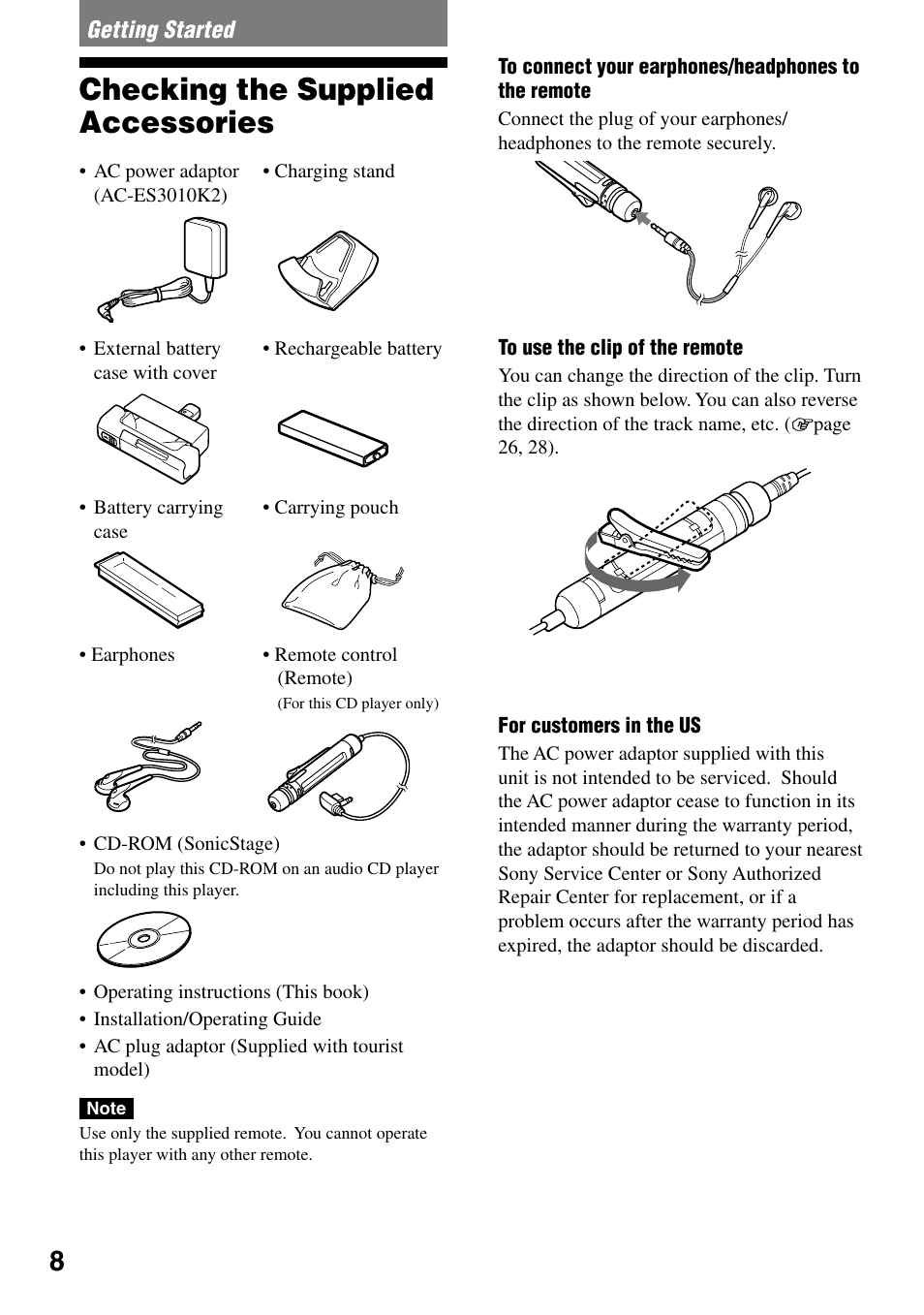 Getting started, Checking the supplied accessories | Sony D-NE20 User Manual | Page 8 / 39