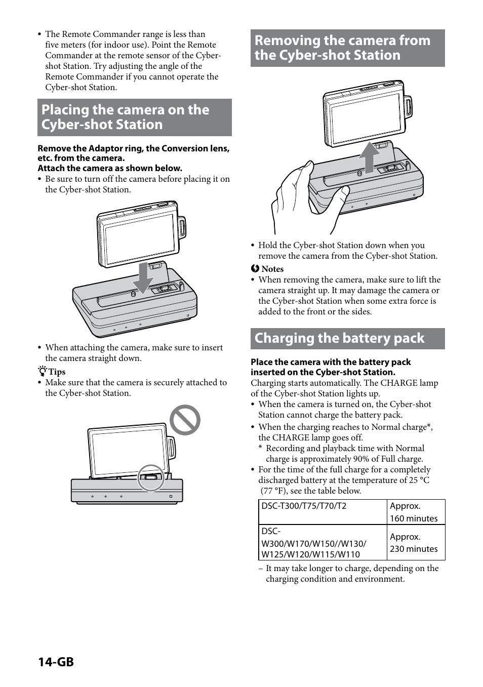 Placing the camera on the cyber-shot station, Removing the camera from the cyber-shot station, Charging the battery pack | 1-gb | Sony CSS-HD2 User Manual | Page 14 / 96