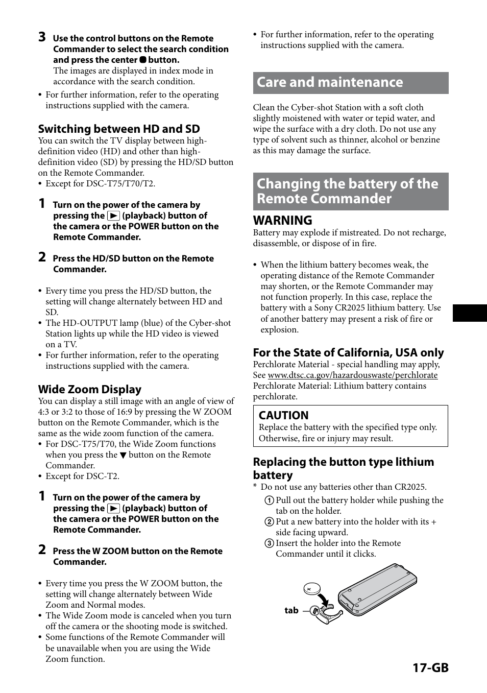 Care and maintenance, Changing the battery of the remote commander, 1-gb | Warning, Switching between hd and sd, Wide zoom display, For the state of california, usa only, Caution, Replacing the button type lithium battery | Sony CSS-HD2 User Manual | Page 17 / 96