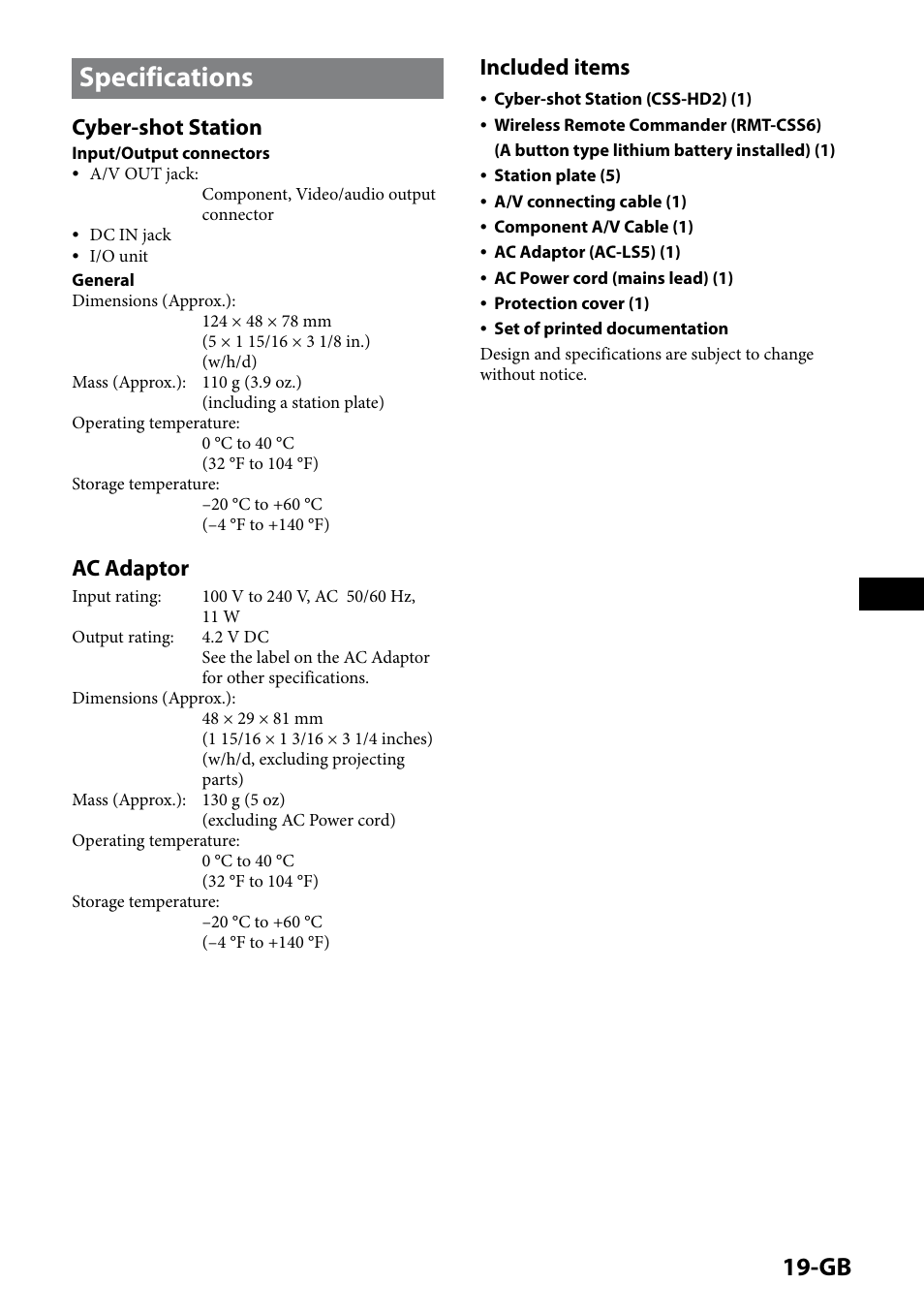 Specifications, 1-gb, Cyber-shot station | Ac adaptor, Included items | Sony CSS-HD2 User Manual | Page 19 / 96