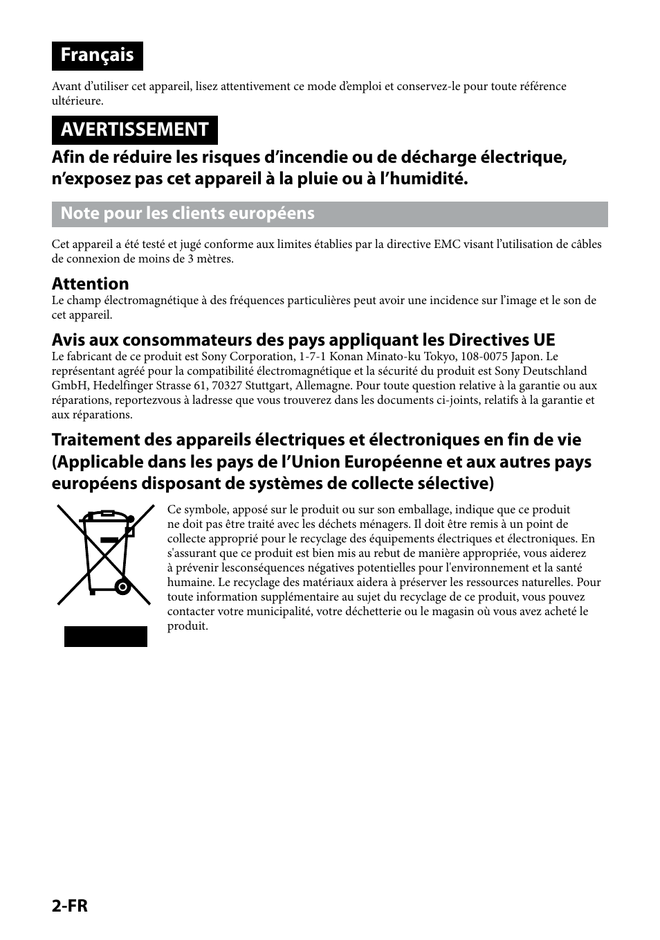 Français, Avertissement, Attention | Sony CSS-HD2 User Manual | Page 20 / 96