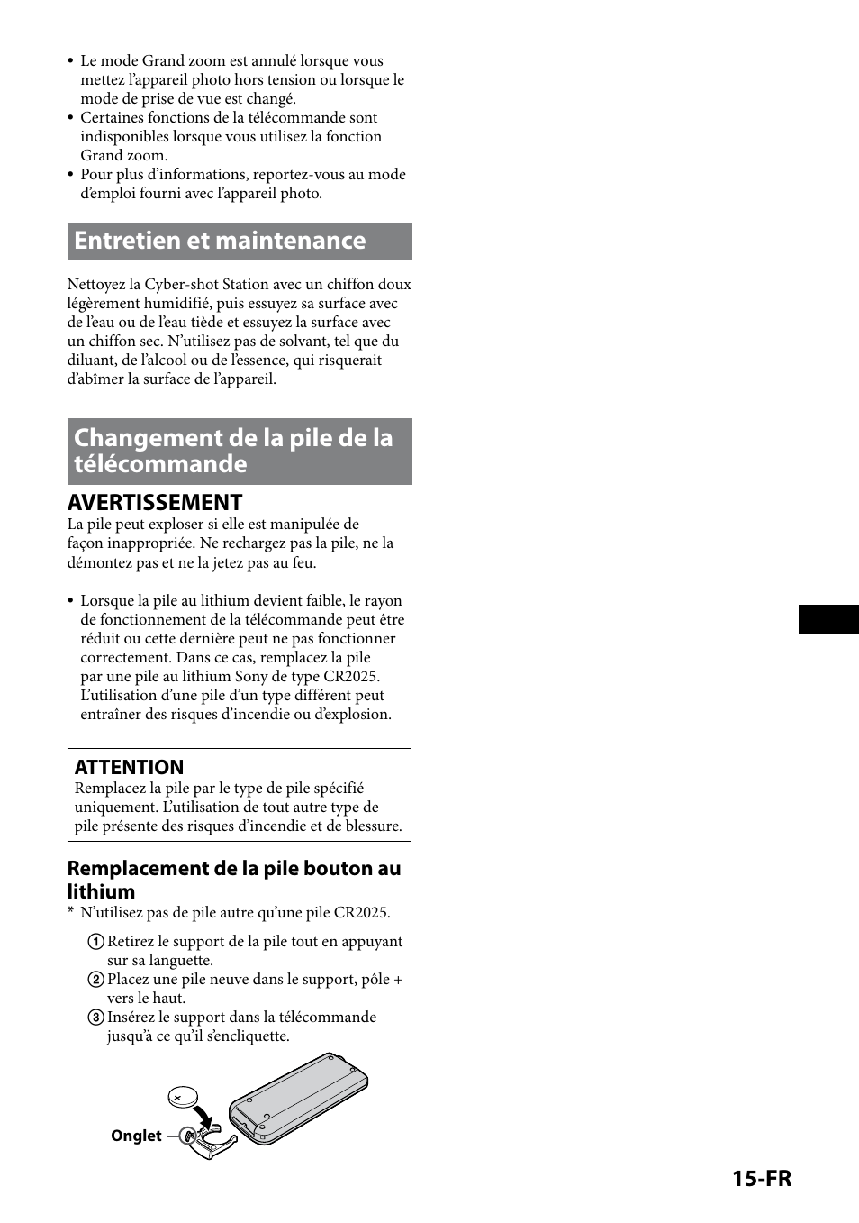 Entretien et maintenance, Changement de la pile de la télécommande, 1-fr | Avertissement, Attention, Remplacement de la pile bouton au lithium | Sony CSS-HD2 User Manual | Page 33 / 96