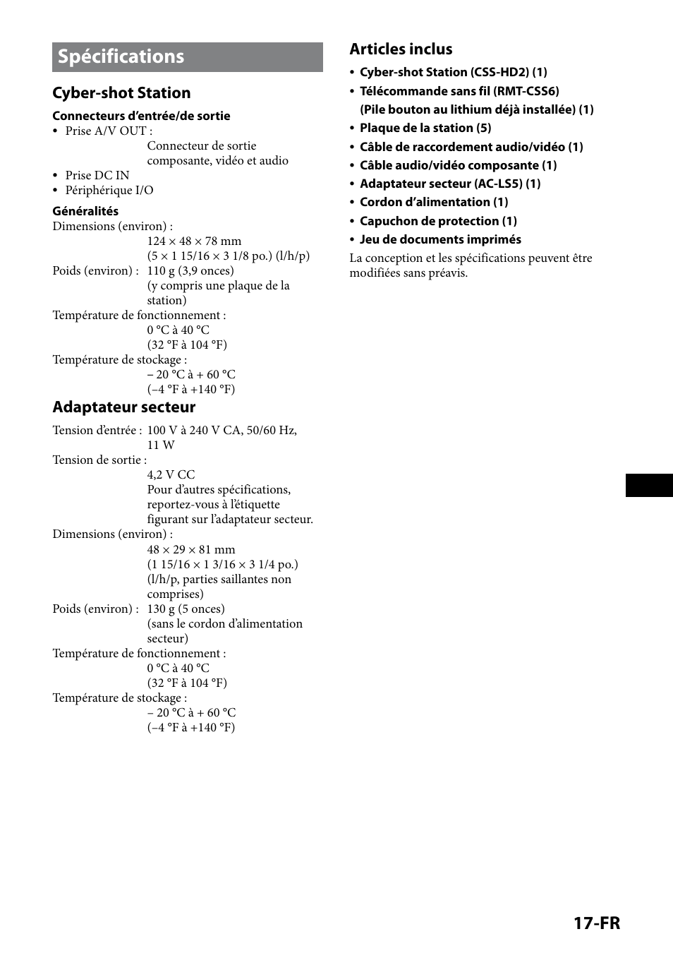 Spécifications, 1-fr, Cyber-shot station | Adaptateur secteur, Articles inclus | Sony CSS-HD2 User Manual | Page 35 / 96