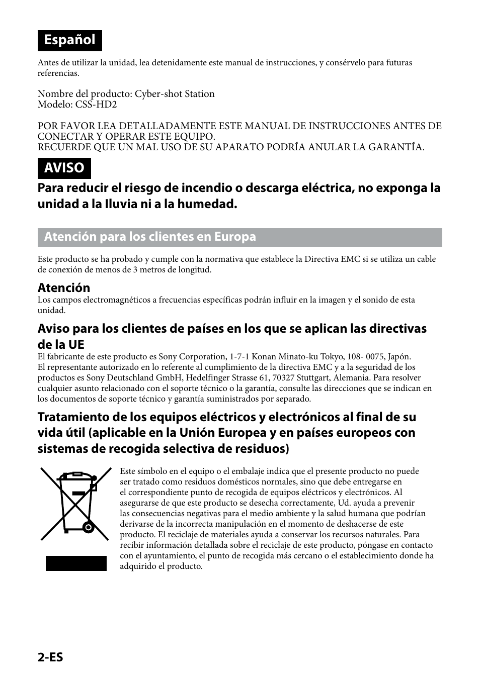 Español, Aviso, Atención | Sony CSS-HD2 User Manual | Page 36 / 96