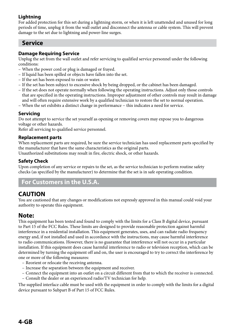 Service, For customers in the u.s.a. caution | Sony CSS-HD2 User Manual | Page 4 / 96