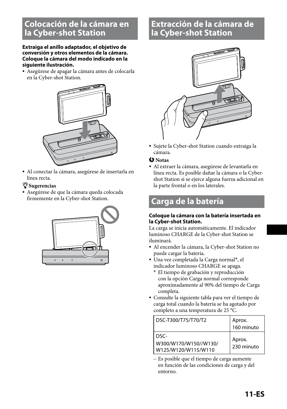 Colocación de la cámara en la cyber-shot station, Extracción de la cámara de la cyber-shot station, Carga de la batería | Sony CSS-HD2 User Manual | Page 45 / 96
