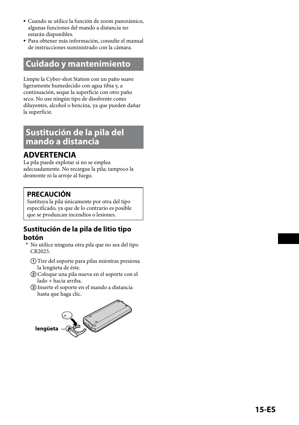 Cuidado y mantenimiento, Sustitución de la pila del mando a distancia, 1-es | Advertencia, Precaución, Sustitución de la pila de litio tipo botón | Sony CSS-HD2 User Manual | Page 49 / 96