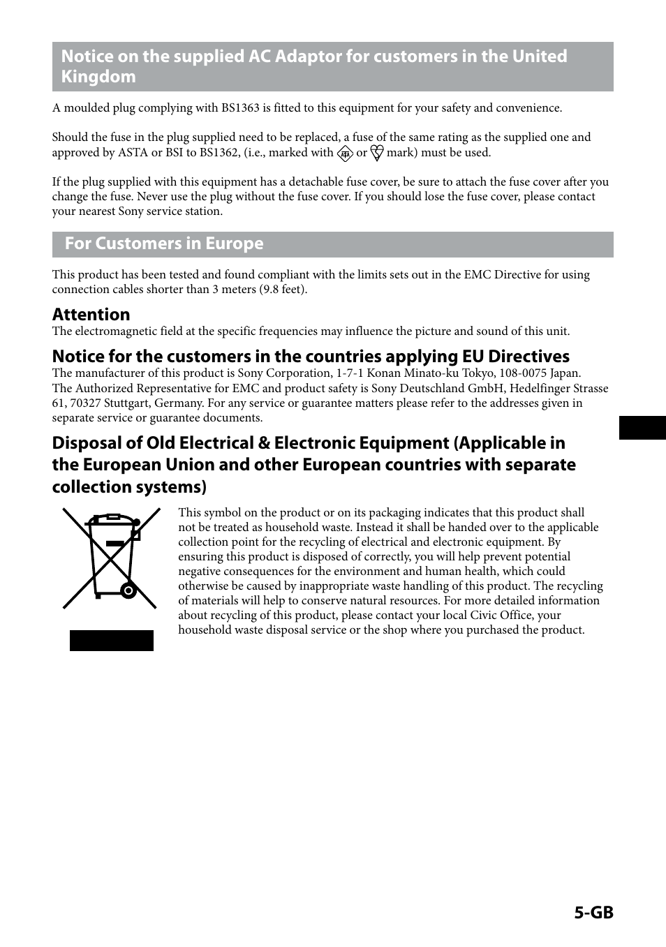 For customers in europe, Attention | Sony CSS-HD2 User Manual | Page 5 / 96