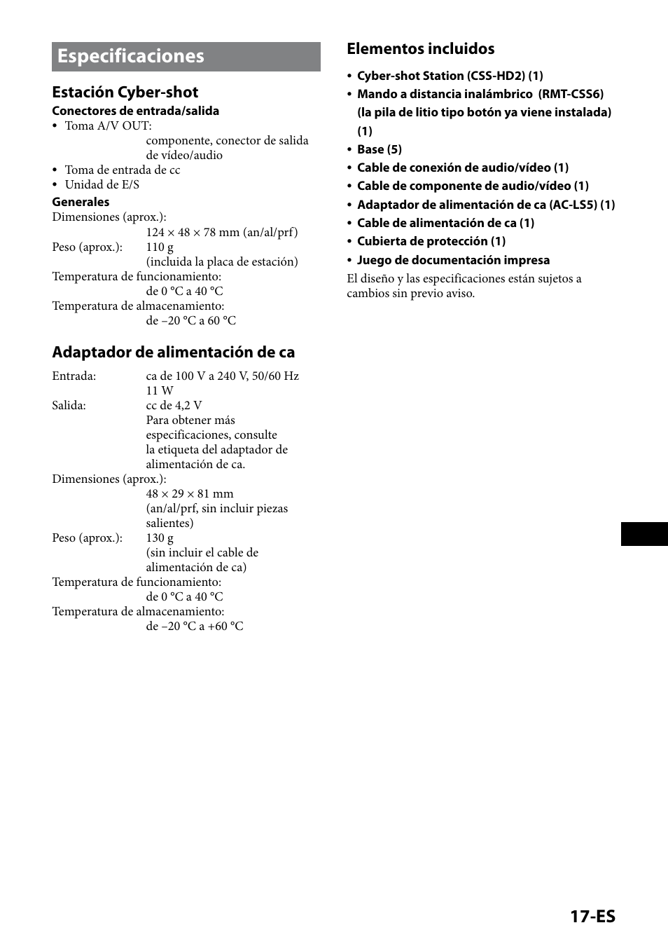 Especificaciones, 1-es, Estación cyber-shot | Adaptador de alimentación de ca, Elementos incluidos | Sony CSS-HD2 User Manual | Page 51 / 96
