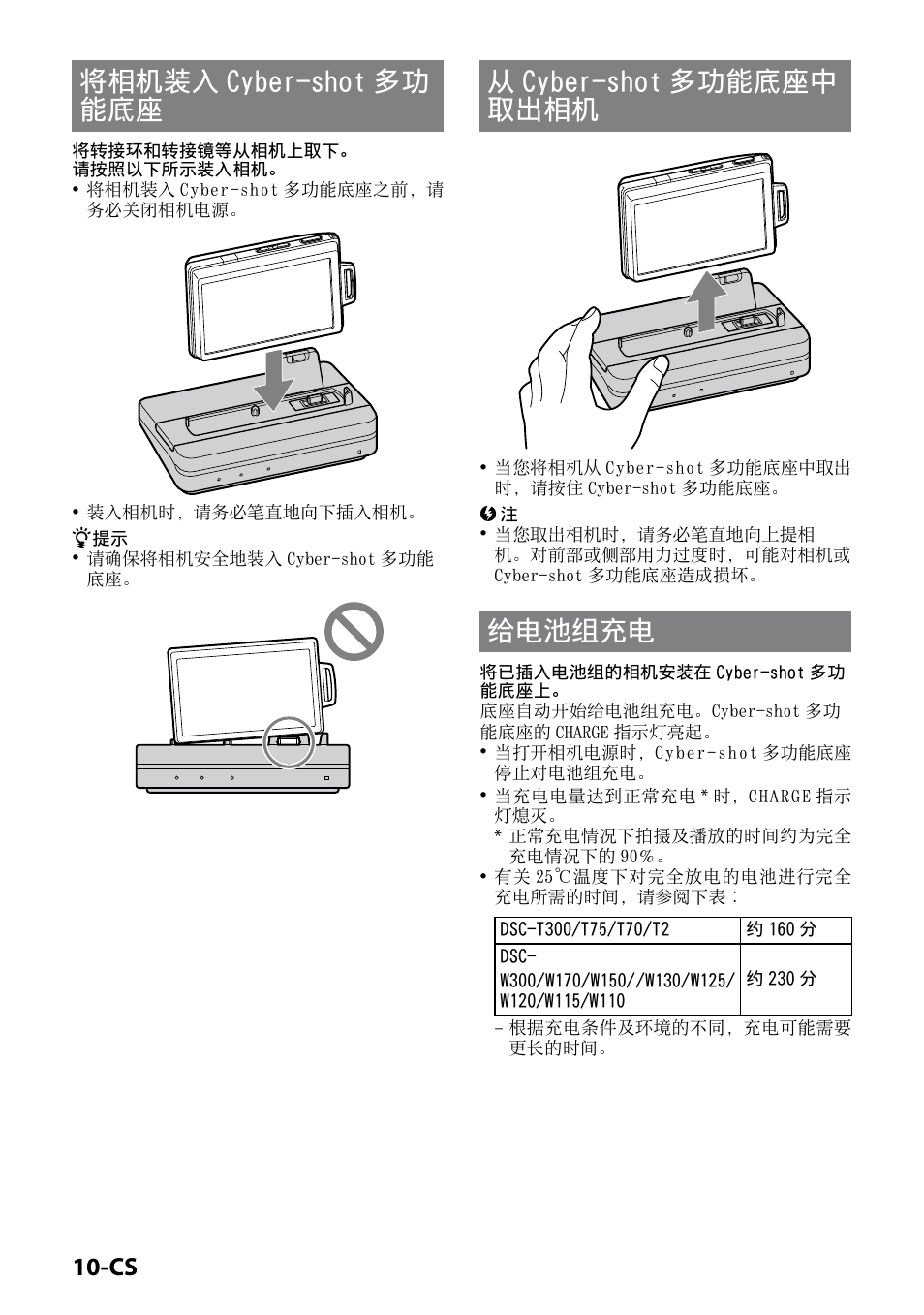 将相机装入cyber-shot 多功能底座, 从cyber-shot 多功能底座中取出相机, 给电池组充电 | 将相机装入 cyber-shot 多功能底座, 从 cyber-shot 多功能底座中取出相机, 将相机装入 cyber-shot 多功 能底座, 从 cyber-shot 多功能底座中 取出相机 | Sony CSS-HD2 User Manual | Page 74 / 96