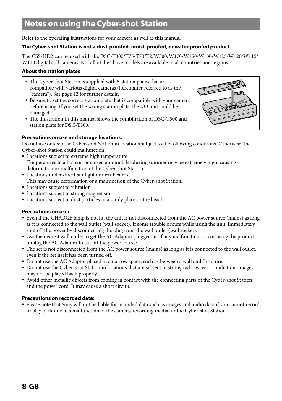Notes on using the cyber-shot station | Sony CSS-HD2 User Manual | Page 8 / 96