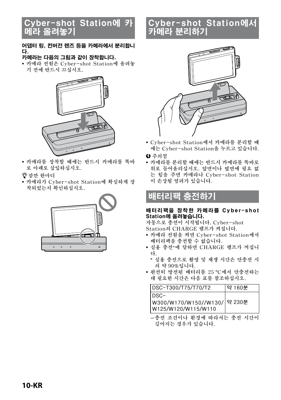 Cyber-shot station에 카메라 올려놓기, Cyber-shot station에서 카메라 분리하기, 배터리팩 충전하기 | Cyber-shot station에 카 메라 올려놓기 | Sony CSS-HD2 User Manual | Page 88 / 96