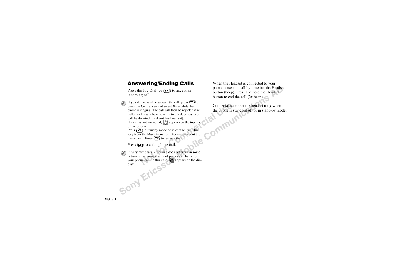 Answering/ending calls | Sony CMD-J7 User Manual | Page 18 / 68