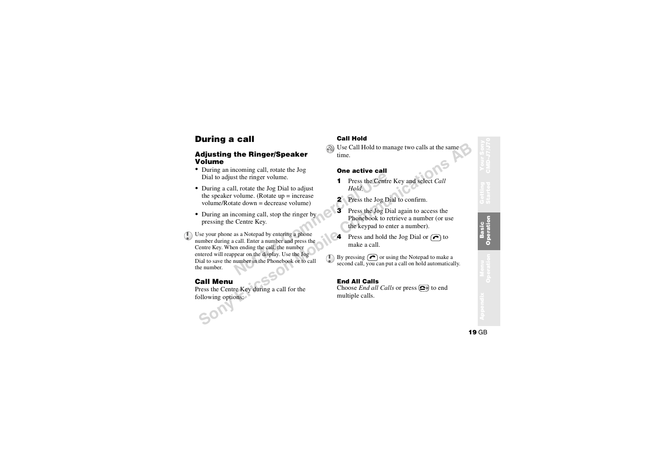 During a call | Sony CMD-J7 User Manual | Page 19 / 68