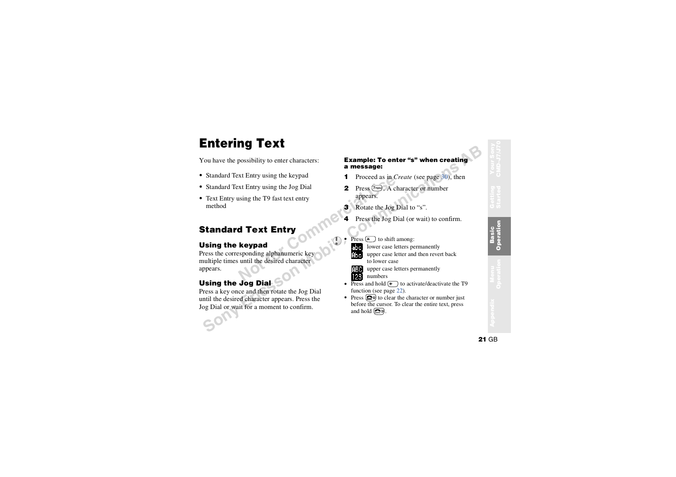 Entering text, Entering text standard text entry | Sony CMD-J7 User Manual | Page 21 / 68