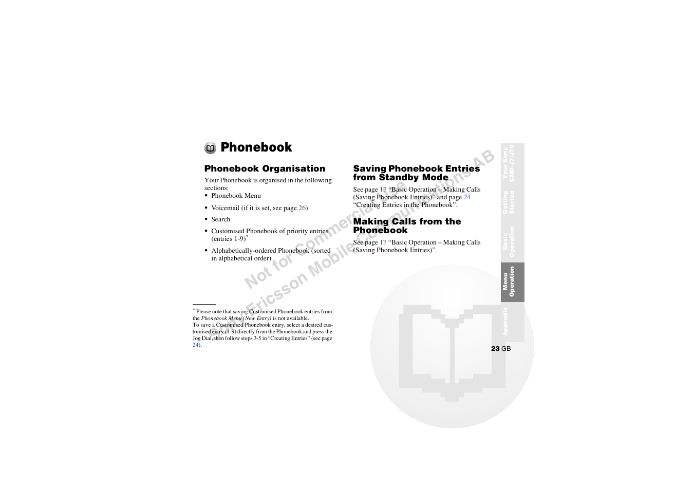 Phonebook, Saving phonebook entries from standby mode | Sony CMD-J7 User Manual | Page 23 / 68