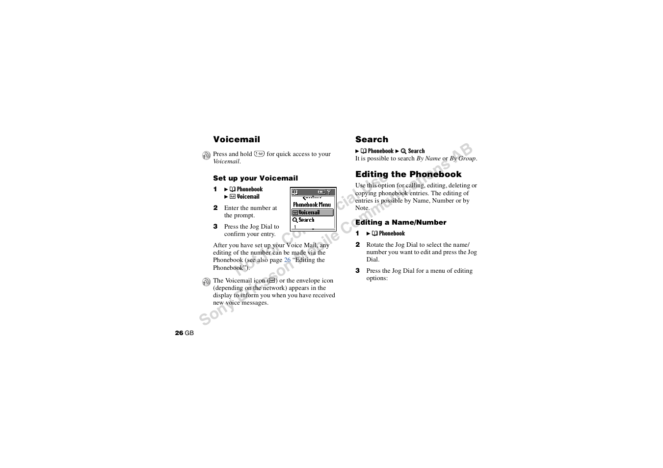 Voicemail, Search, Voicemail search editing the phonebook | Sony CMD-J7 User Manual | Page 26 / 68