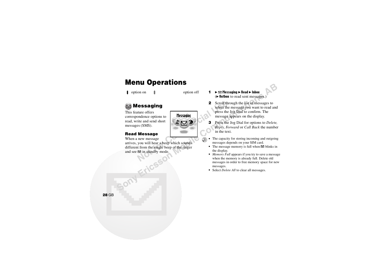 Menu operations, Menu operations messaging | Sony CMD-J7 User Manual | Page 28 / 68