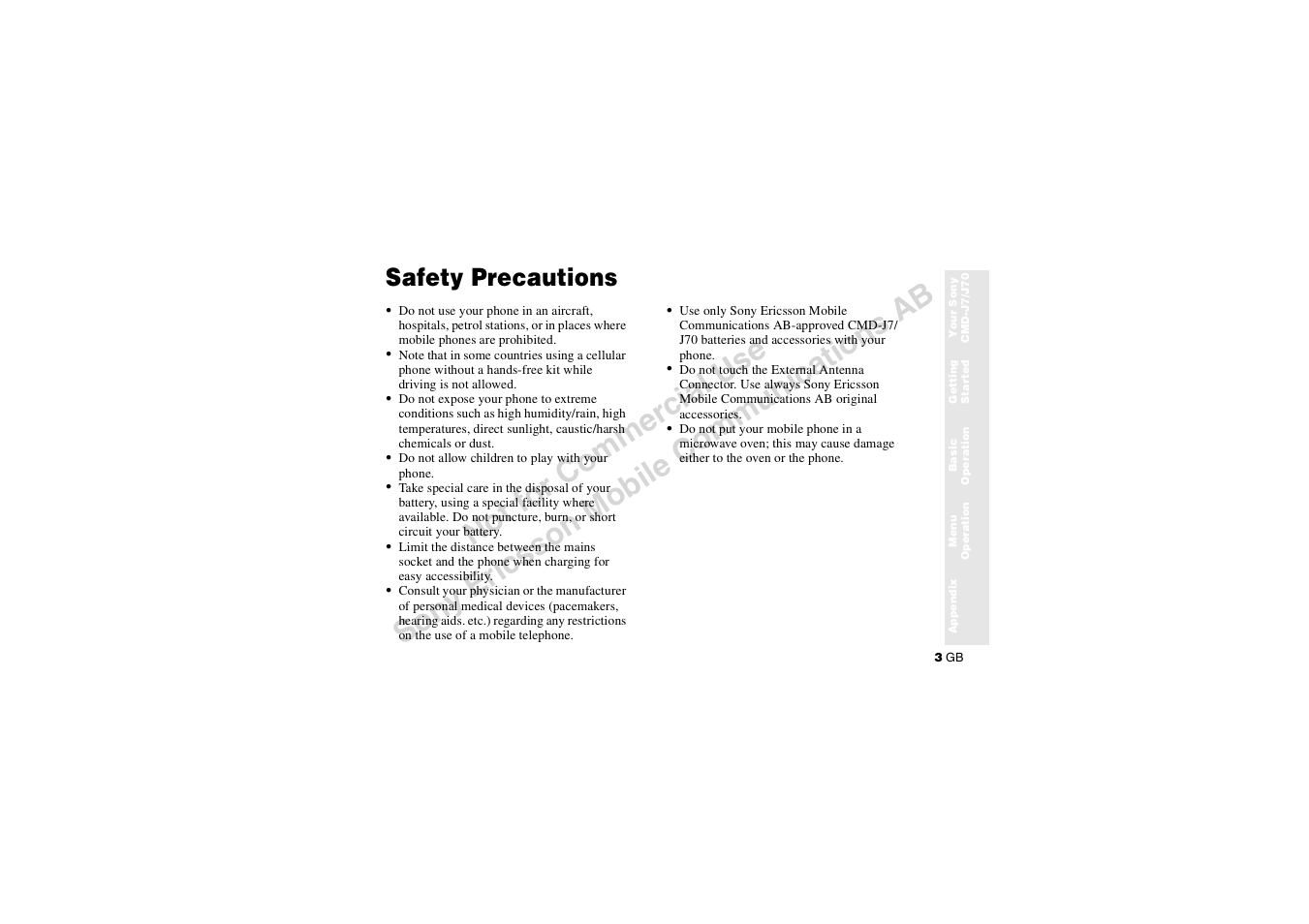 Safety precautions | Sony CMD-J7 User Manual | Page 3 / 68