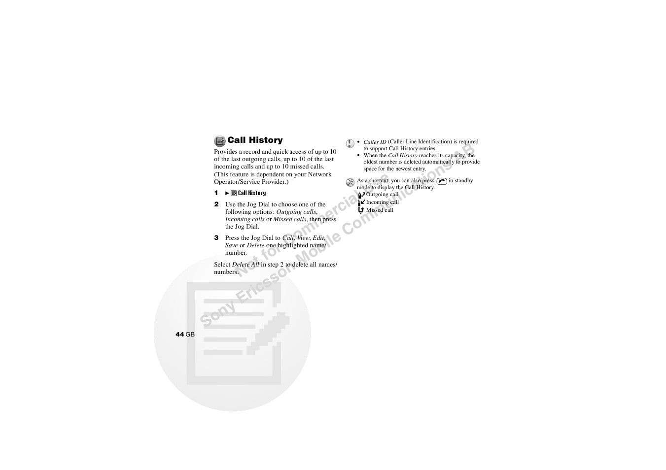 Call history | Sony CMD-J7 User Manual | Page 44 / 68