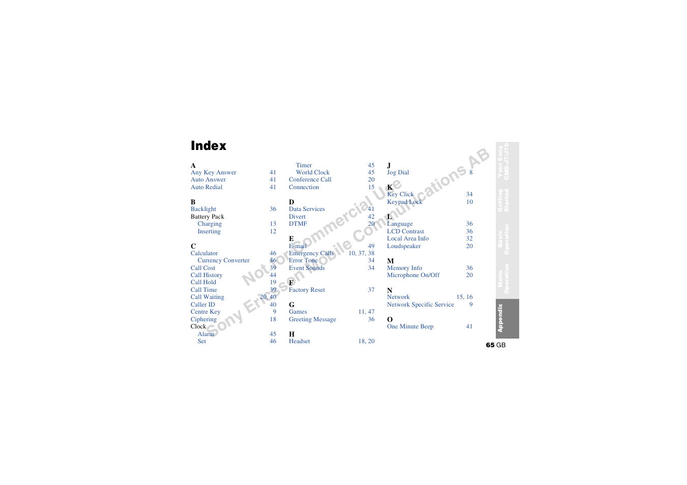 Index | Sony CMD-J7 User Manual | Page 65 / 68