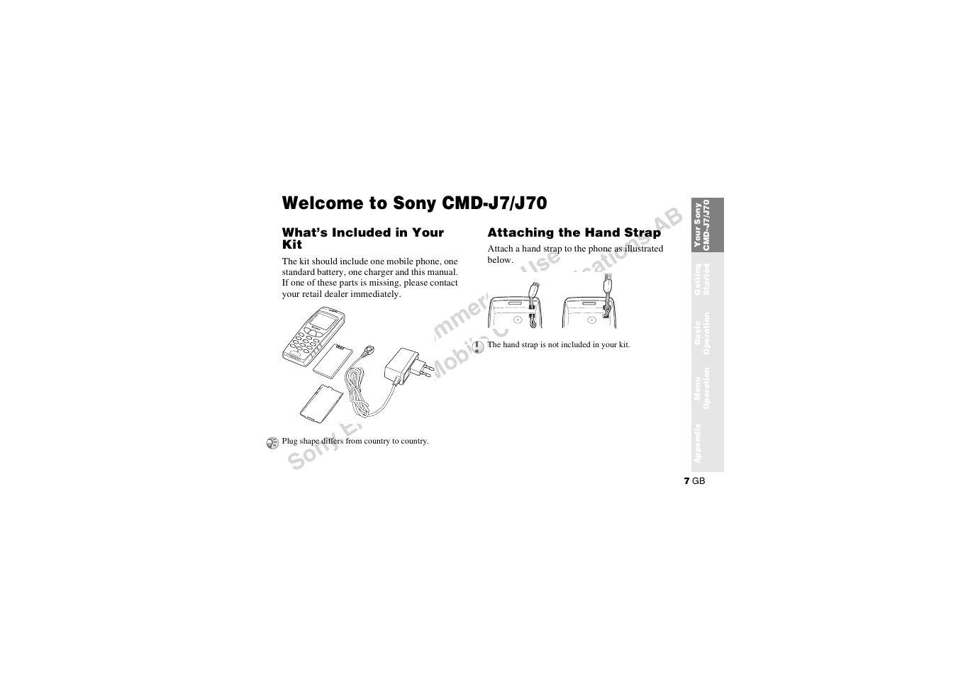 Welcome to sony cmd-j7/j70, Attaching the hand strap | Sony CMD-J7 User Manual | Page 7 / 68