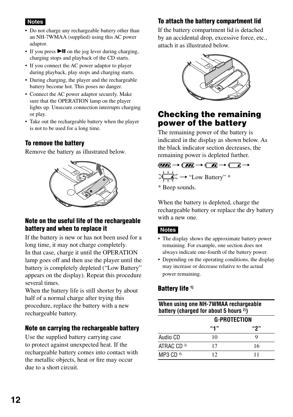 Checking the remaining power of the battery, Checking the remaining power of the, Battery | Sony Atrac3/MP3 CD Walkman D-NE520 User Manual | Page 12 / 35