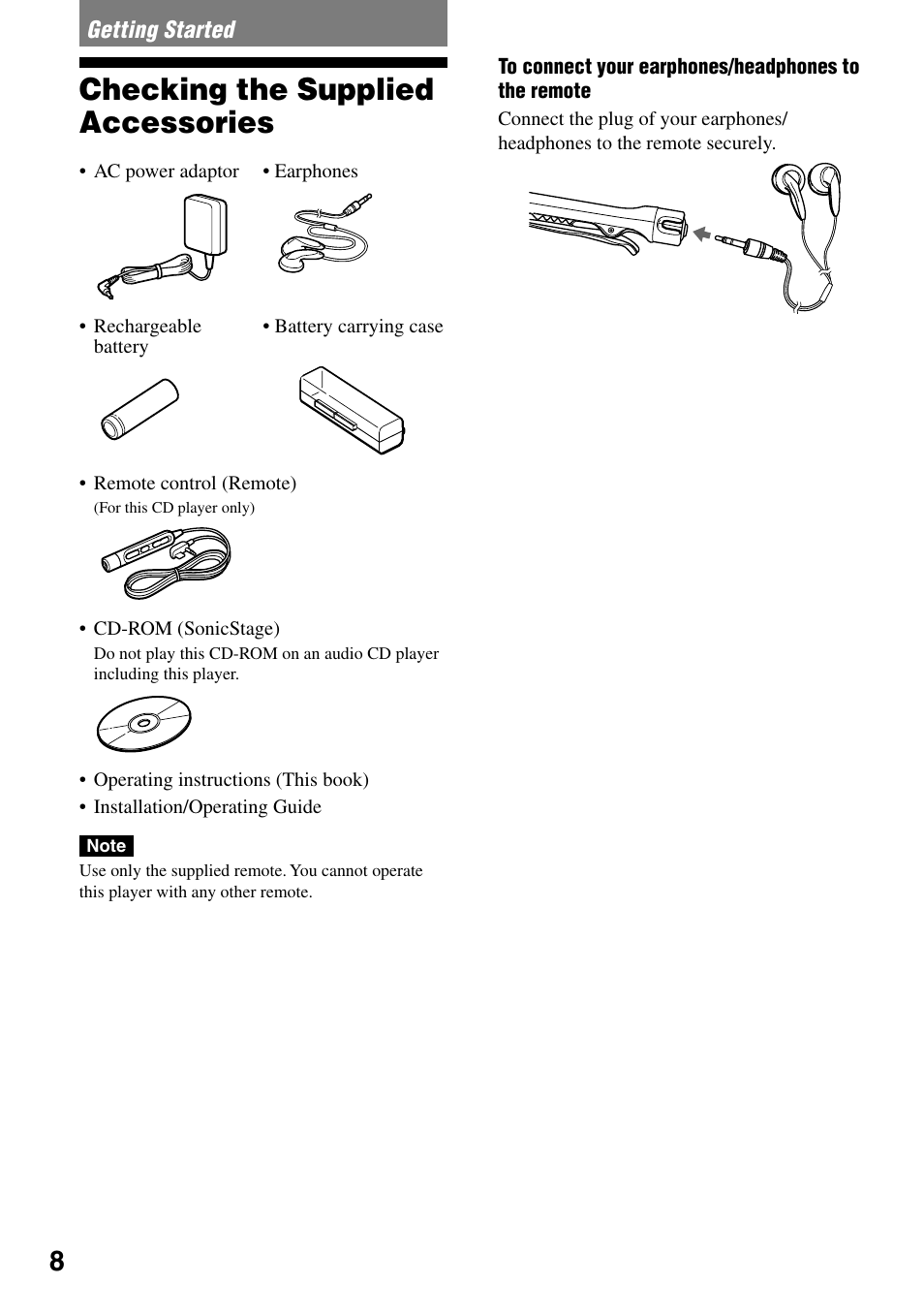 Getting started, Checking the supplied accessories | Sony Atrac3/MP3 CD Walkman D-NE520 User Manual | Page 8 / 35