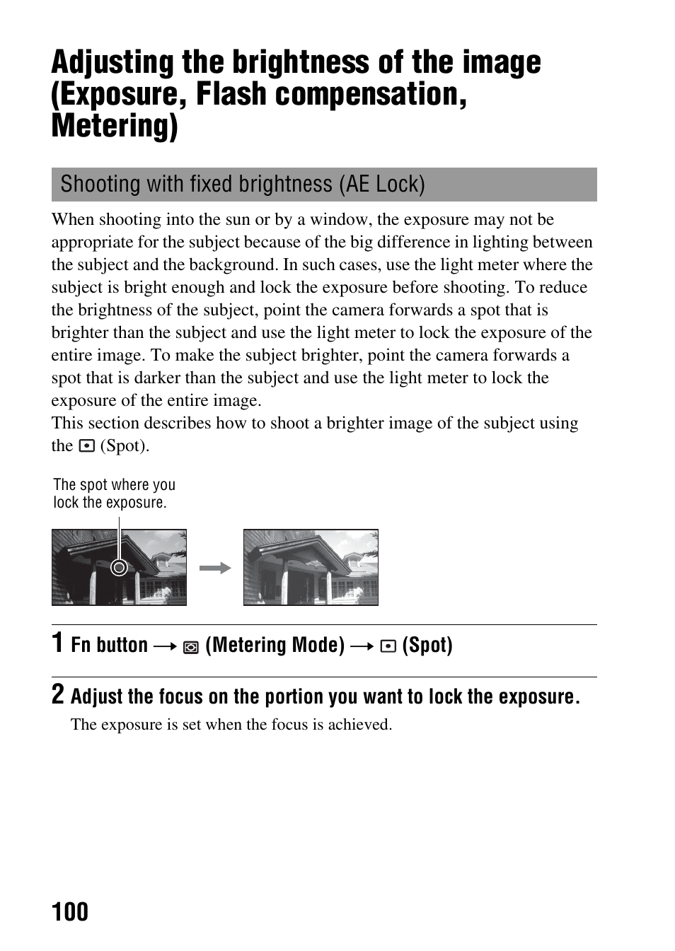 Shooting with fixed brightness (ae lock), Lock (100) | Sony a (alpha) SLT-A55VL User Manual | Page 100 / 203