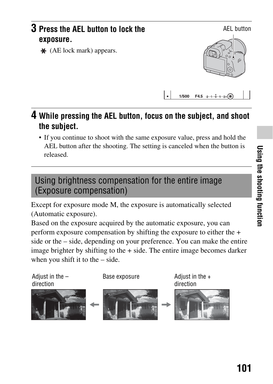 Using brightness compensation for the entire image, Exposure compensation), N (101) | E (101) | Sony a (alpha) SLT-A55VL User Manual | Page 101 / 203